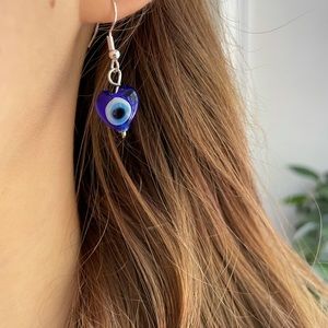 evil eye silver dangly earrings- handmade